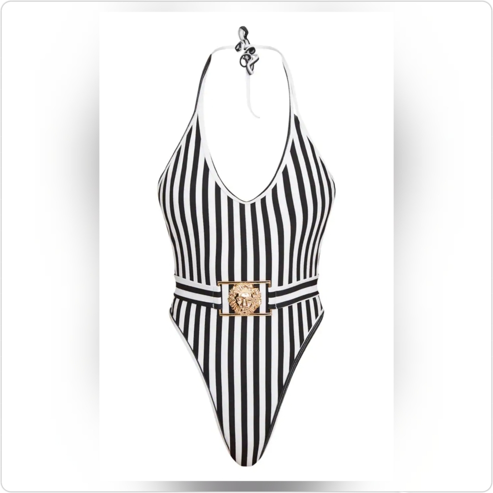 PLT Black Mono Stripe Lion Belted Swimsuit